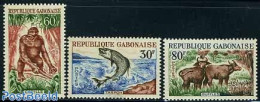 Gabon 1964 Definitives, Animals 3v, Mint NH, Nature - Animals (others & Mixed) - Fish - Monkeys - Ongebruikt