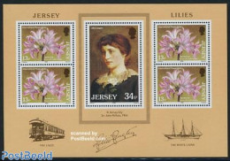 Jersey 1986 Lilien Of Jersey S/s, Mint NH, Nature - Transport - Flowers & Plants - Railways - Ships And Boats - Art - .. - Treinen