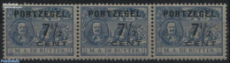 Netherlands 1907 Postage Due, 7.5c Strip Of 3 [TypeI:TypeII:TypeI] With Attest C. Muis, Mint NH - Unclassified