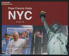 Guyana 2015 Pope Francis Visits NYC S/s, Mint NH, History - Religion - Flags - United Nations - Pope - Papes