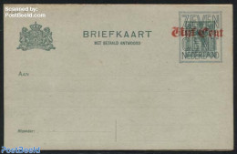 Netherlands 1921 Postcard With Paid Answer 7.5c On Vijf Cent On 3c, Greenish Paper, Short Dividing Line, Unused Postal.. - Lettres & Documents
