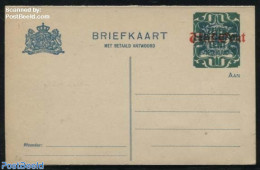 Netherlands 1921 Reply Paid Postcard 7.5c On Vijf Cent On 2CENT On 1.5c Blue, Long Dividing Line, Unused Postal Statio.. - Briefe U. Dokumente