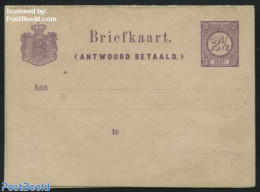 Netherlands 1878 Postcard With Paid Answer 2.5+2.5c, Coat Of Arms Narrow Lined, Unused Postal Stationary - Briefe U. Dokumente