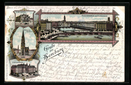 Lithographie Hamburg, Reesendammbrücke Und Alsterarcaden, Stadttheater, Nicolaikirche  - Theater