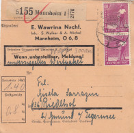 Paketkarte 1948: Mannheim N. Riedlhof, Selbstb., Unversiegeltes Wertpaket - Storia Postale