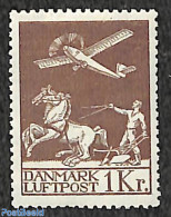 Denmark 1929 1Kr, Stamp Out Of Set, Unused (hinged), Nature - Transport - Horses - Aircraft & Aviation - Ongebruikt