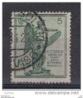 REGNO  VARIETA': 1921  VITTORIA  ALATA  -  5 C. VERDE  US. -  COR. SX. -  D. 14 1/4 X 13 1/4 -  C.E.I. 116 Ad - Oblitérés