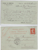 ENTIER 10C SEMEUSE CAMEE REPIQUE BONNETERIE REGLEY PARIS 1913 TROUS D'AGRAFE - 1877-1920: Semi-moderne Periode
