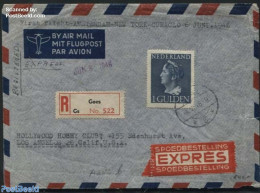 Netherlands 1946 Queen Wilhelmina. Registered Expres Airmail To Los Angelos, Postal History, History - Kings & Queens .. - Covers & Documents