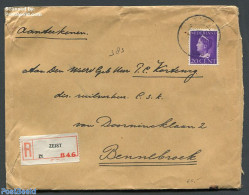 Netherlands 1940 Registered Cover From Zeist To Bennebroek, Postal History, History - Kings & Queens (Royalty) - Covers & Documents