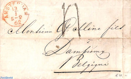 Netherlands 1862 Folding Letter From Amsterdam To Belgium, With Both Amsterdam Mark And Hollande Nord Mark, Postal His.. - Covers & Documents
