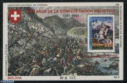 Bolivia 1990 700 Years Swiss Confederation S/s, Mint NH, Nature - Sport - Horses - Mountains & Mountain Climbing - Arrampicata