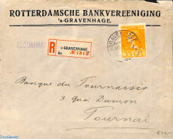 Netherlands 1924 Registered Cover From The Hague To Tournai. Rotterdamsche Bankvereniging S'Gravenhage, Postal History - Lettres & Documents