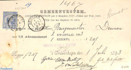 Netherlands 1893 Subscription From The Hague To Hoogeloon, Via Dordrecht. See Postmarks. Princess Wilhelmina (hangend .. - Lettres & Documents