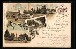 Lithographie Tarbes, Les Haras, Fontaine Monumentale, Tour De Jardin Maney  - Tarbes