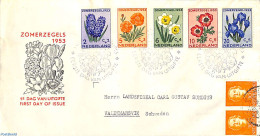Netherlands 1953 Flowers 5v FDC, Closed Flap, Typed Address +2x 10c Juliana, First Day Cover, Nature - Flowers & Plants - Cartas & Documentos