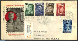 Netherlands 1951 Child Welfare 5v, FDC, Closed Flap, Typed Address, Registered, First Day Cover - Cartas & Documentos