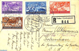 Liechtenstein 1937 Postcard With Set, Sent Registered , Postal History, Bridges And Tunnels - Briefe U. Dokumente