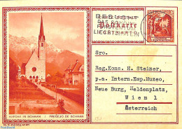 Liechtenstein 1931 Illustrated Postcard 20Rp, Kirche In Schaan, Sent To Vienna, Used Postal Stationary, Churches, Temp.. - Storia Postale