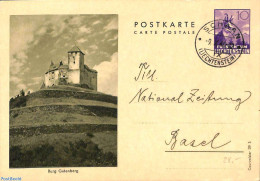 Liechtenstein 1940 Postcard 10Rp, Burg Gutenberg To Bazel, Used Postal Stationary, Animals (others & Mixed) - Castles .. - Covers & Documents