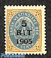 Danish West Indies 1905 5B On 4c, Type I,  Stamp Out Of Set, Unused (hinged) - Dinamarca (Antillas)