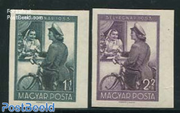Hungary 1953 Stamp Day 2v, Imperforated, Unused (hinged), Sport - Cycling - Post - Stamp Day - Nuevos