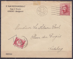 L. "F. Van Peteghem - Rags & Wastes - Ghent" Affr. N°168 Flam. "GENT 3 /23.III 1920/ GAND 3" Pour Et Taxé 10 à LEDEBERG - 1919-1920 Albert Met Helm