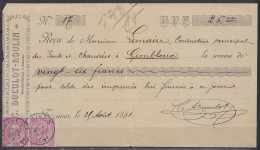 Reçu "Libraire-Editeur Duculot-Roulin" Affr. Paire N°46 Càd TAMINES /25 AOUT 1891 Pour Conducteur Des Ponts Et Chaussées - 1884-1891 Leopold II.