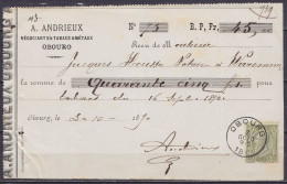 Reçu "Négociant En Tabacs & Métaux Andrieux" Affr. N°47 Càd OBOURG /3 OCTO 1890 Pour Notaire à, WAREMME (au Dos: Càd WAR - 1884-1891 Leopold II.