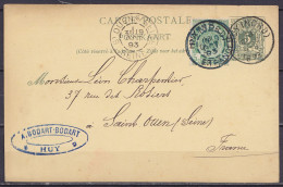 EP CP 5c Vert-gris (N°45) + N°56 Càd HUY (NORD) /18 OCT 1893 Pour SAINT-OUEN Seine - Càd PARIS-ETRANGER & Arrivée ST-OUE - Postcards 1871-1909