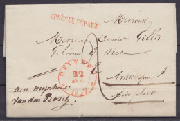 L. Datée 22 Avril 1837 De MELSELE Càd BEVEREN /22 AVR 1837 Pour ANTWERPEN - Griffe 'APRES LE DEPART" - Port "2" (au Dos: - 1830-1849 (Belgique Indépendante)