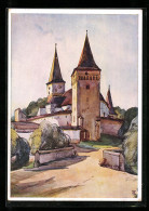 Künstler-AK Meschen, Kirchenburg Meschen  - Romania
