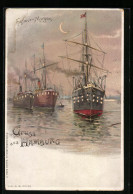 Lithographie Hamburg, Schiffe Morgens Im Hafen, Halt Gegen Das Licht  - Other & Unclassified