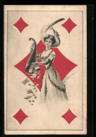 Lithographie Karo-Dame Mit Füllhorn Voller Geld  - Playing Cards