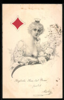 Lithographie Karo-Dame Mit Krönchen Im Freizügigen Kleid  - Speelkaarten
