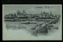 Mondschein-Lithographie Mainz, Uferpartie Mit Brücke Und Dampfern, Halt Gegen Das Licht  - Andere & Zonder Classificatie