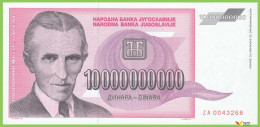 Voyo  YUGOSLAVIA 10000000000  Dinara 1993 P127r B460az ZA00 UNC Replacement - Yugoslavia