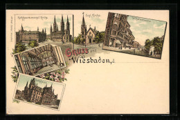 Lithographie Wiesbaden, Kirche Und Wilhelmstrasse  - Wiesbaden