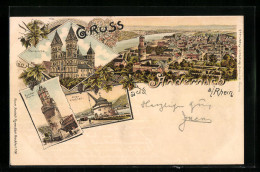 Lithographie Andernach A. Rhein, Panorama, Pfarrkirche, Alter Krahnen  - Andernach