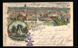 Lithographie Karlsruhe, Ortsansicht Mit Nymphen-Gruppe  - Karlsruhe