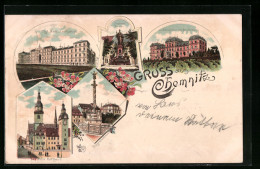 Lithographie Chemnitz, Kgl. Amts- Und Landgericht, Saxonia-Brunnen, Von Zimmermann`sche Naturheilanstalt, Altes Rathaus  - Chemnitz