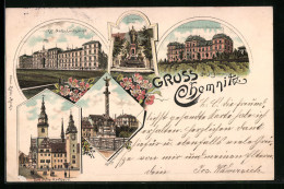 Lithographie Chemnitz, Das Alte Rathaus, Siegesdenkmal, Kgl. Amts - Und Landgericht, Saxonia-Brunnen Und Heilanstalt  - Chemnitz