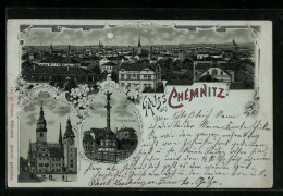 Mondschein-Lithographie Chemnitz, Totalansicht, Siegesdenkmal, Rathaus  - Chemnitz