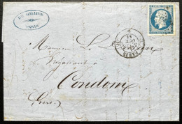 N°14 20c BLEU NAPOLEON SUR LETTRE / 28 OCT 1858 / PARIS H POUR CONDOM / LAC - 1849-1876: Periodo Clásico