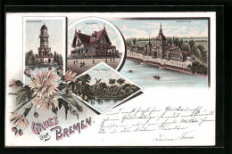 Lithographie Bremen, Aussichtsthurm, Meierei, Gasthaus Parkhaus, Wall-Ansicht  - Bremen