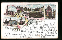 Lithographie Hannover, Markthalle, Leibnitzhaus, Königswortherplatz & Herrenhäuser-Allee  - Hannover