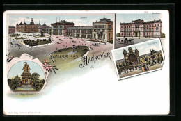 Lithographie Hannover, Bahnhof Mit Vorplatz Und Anlagen, Tivoli-Garten, Ständehaus  - Hannover