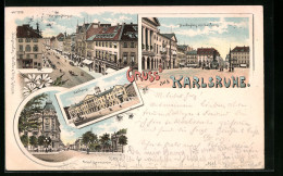Lithographie Karlsruhe, Kaiserstrasse, Marktplatz Mit Rathaus, Hotel Germania  - Karlsruhe