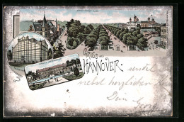 Lithographie Hannover, Herrenhause Allee, Palmen-Haus, Schloss  - Hannover