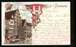 Lithographie Hannover, Schmiedestrasse Mit Leibnitz-Haus, Stadtwappen  - Hannover